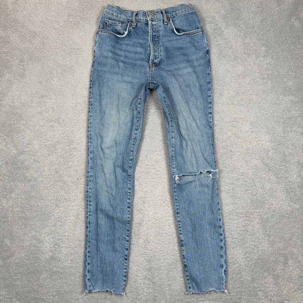 We The Free Free People High Rise Skinny Jeans Blue Distressed Raw Hem Size 29‎
